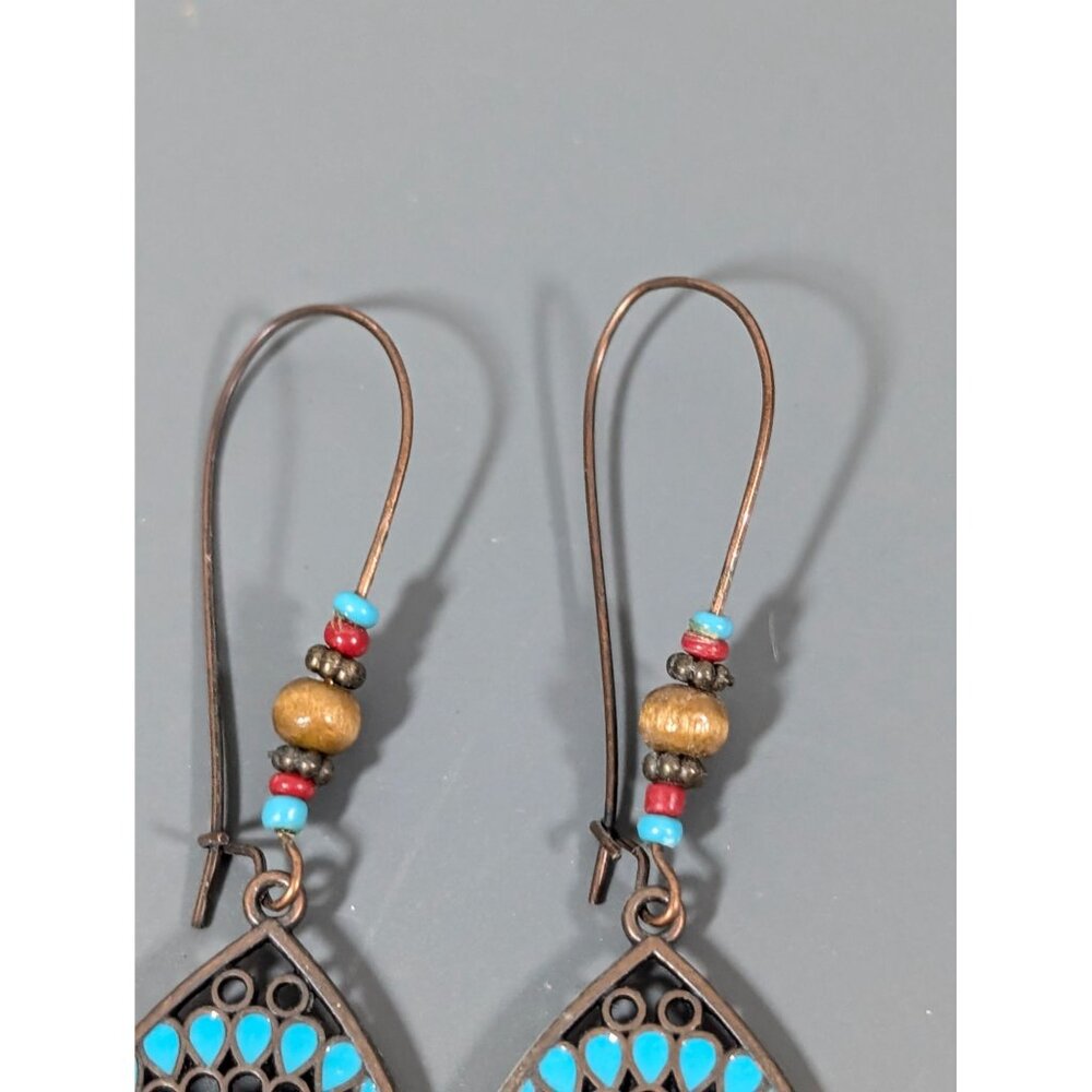 Boho Western Medallion Blue Brown Rhinestone Drop Long Earrings - Picture 4 of 6